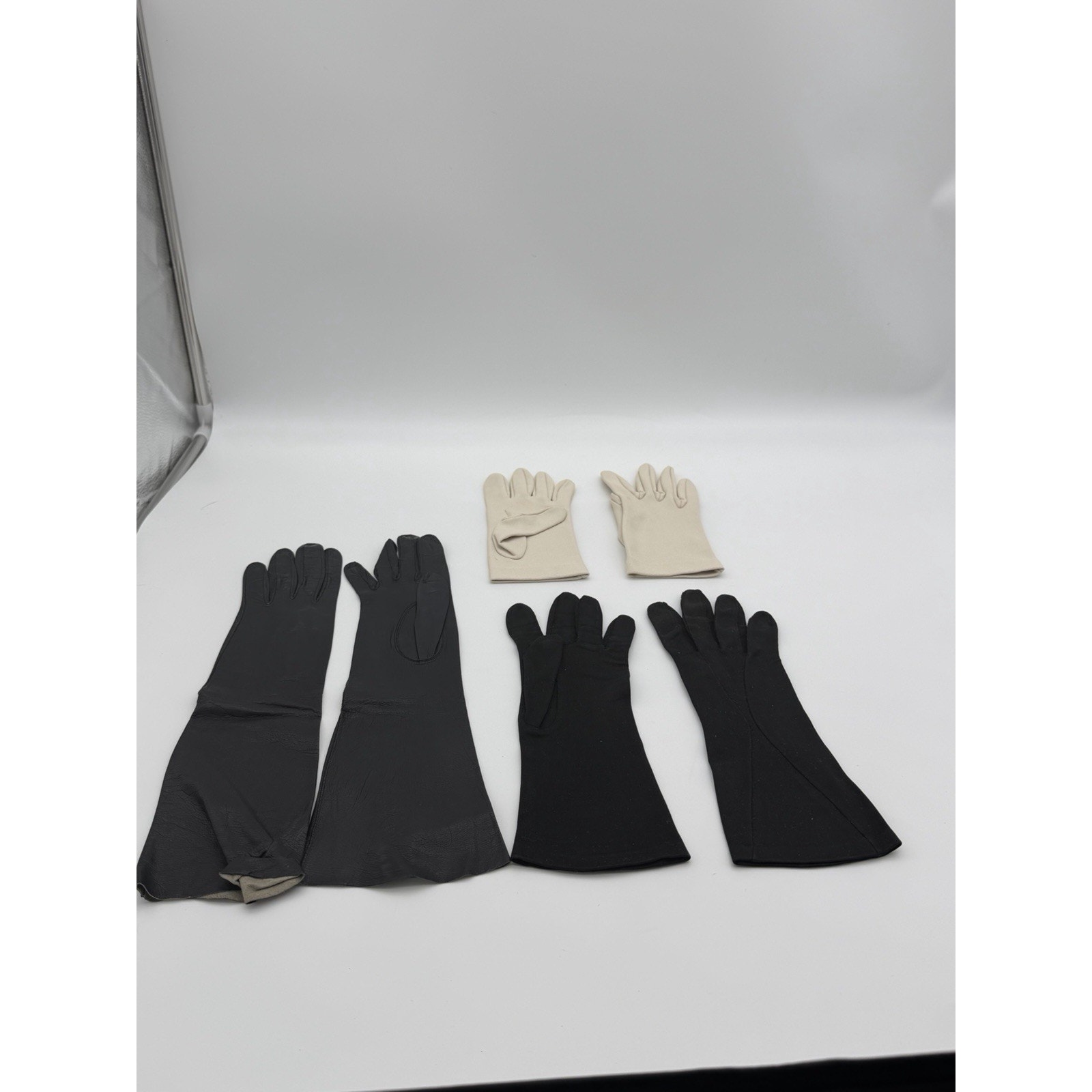 Vintage Women's Gloves Lot 3 Pairs Crescendoe Cotton Nylon Black Leather Sz 6-6.